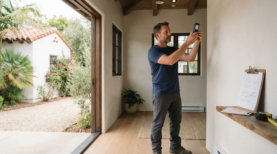 Surveyor measuring the interior of an accessory dwelling unit with a laser distance meter, a sketched floor plan clipped to the wall shelf beside him