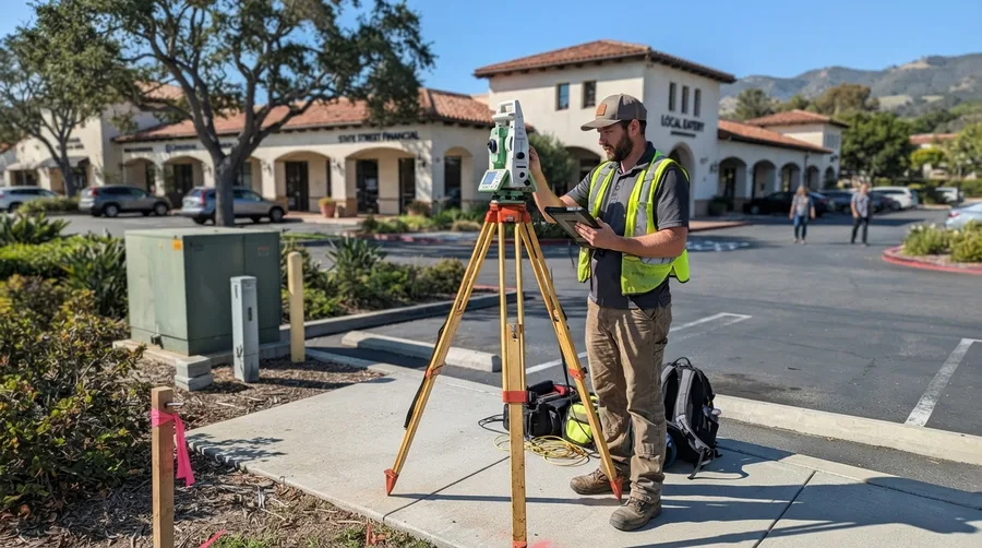 Surveyor operating a total station on a tripod at the edge of a commercial property, recording measurements on a field tablet