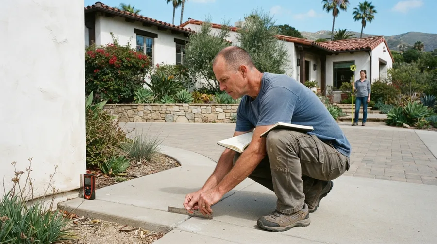 Surveyor crouched at the edge of a new concrete walkway, measuring its position against the house with a scale rule and laser distance meter while a crew member holds a range pole at the far corner