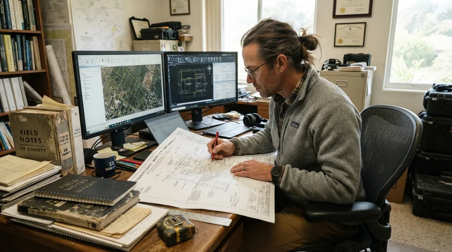 Surveyor annotating a parcel map at a desk, working between archived county field note books and parcel mapping on screen