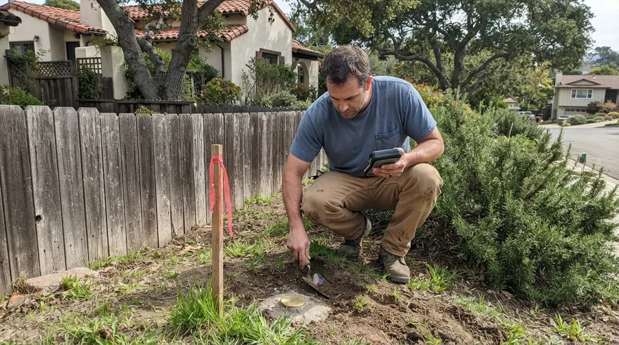Surveyor kneeling at a residential fence line to uncover a brass boundary monument set in concrete, beside a flagged lath marking the corner