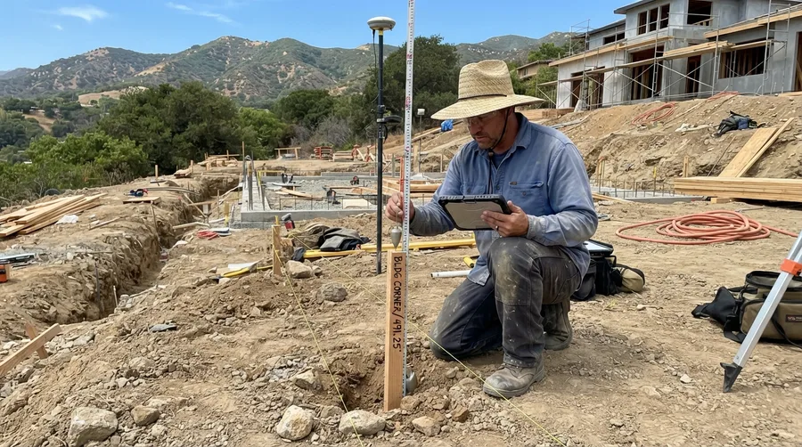 Surveyor kneeling over a marked building-corner stake on a hillside foundation site, checking the point on a field tablet against a plumb bob and stringline