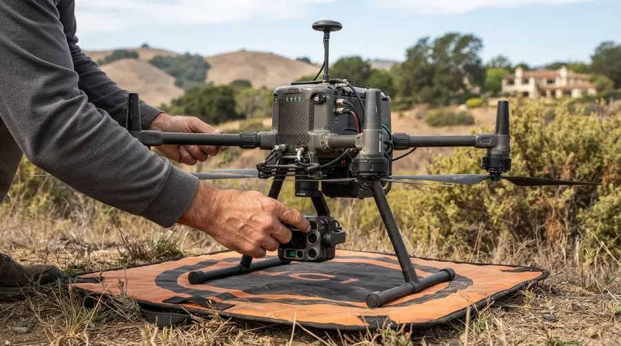 Surveyor fitting the camera payload to a mapping drone on its landing pad before a flight over dry hillside terrain