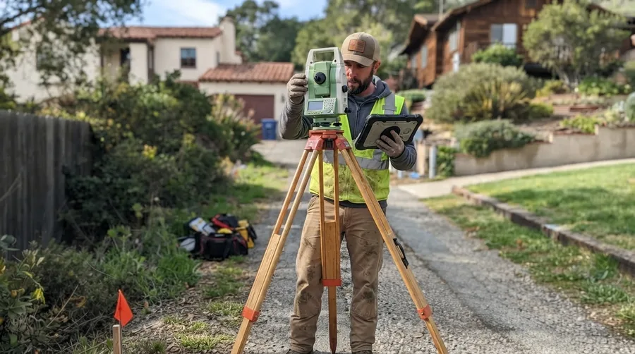 Surveyor sighting through a total station along a shared access driveway between two properties, logging the shot on a field tablet