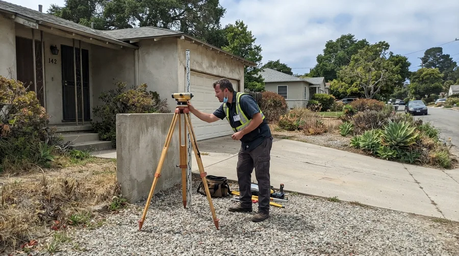 Surveyor sighting through an automatic level toward a levelling rod held against a house, taking floor and grade elevations beside the driveway