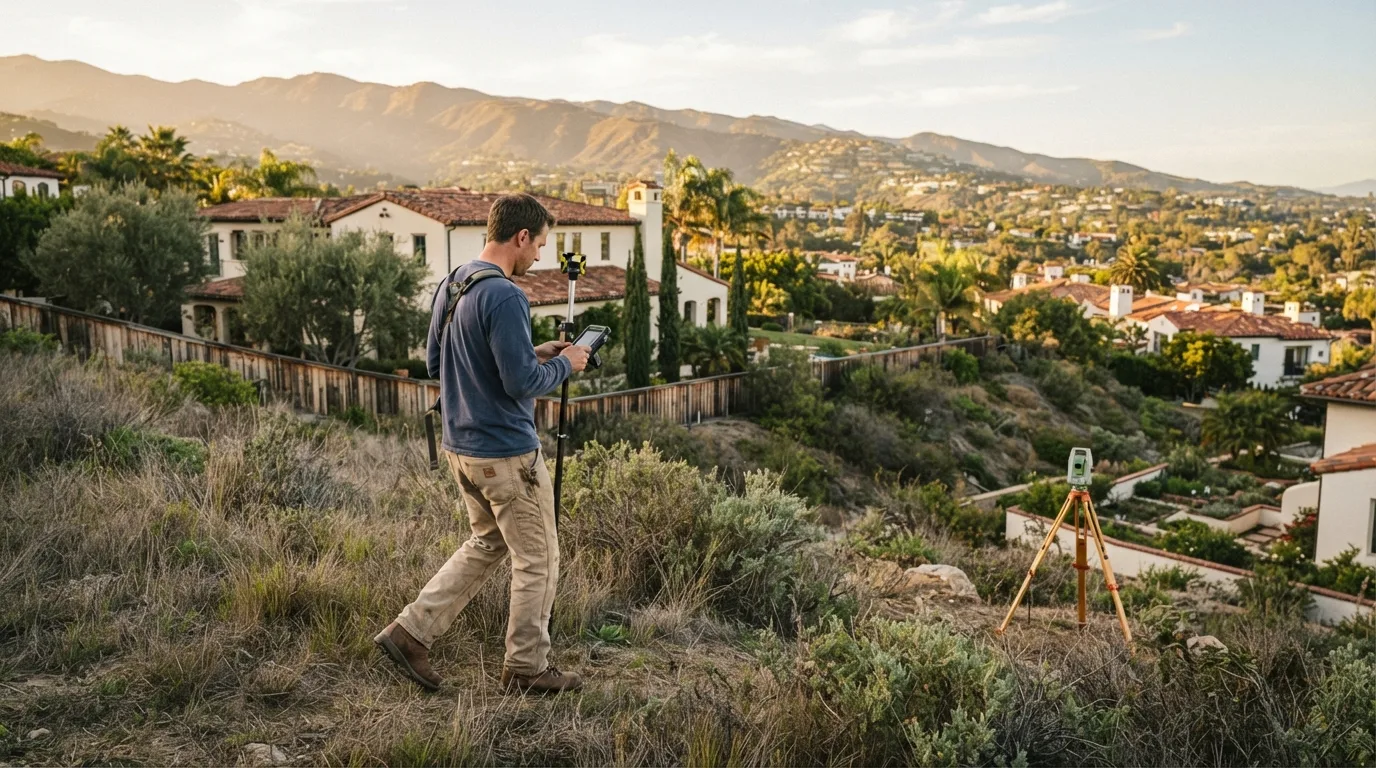 Surveyor walking a brushy hillside above a Spanish-style neighborhood with a GNSS range pole and field tablet, a total station set up on the slope below