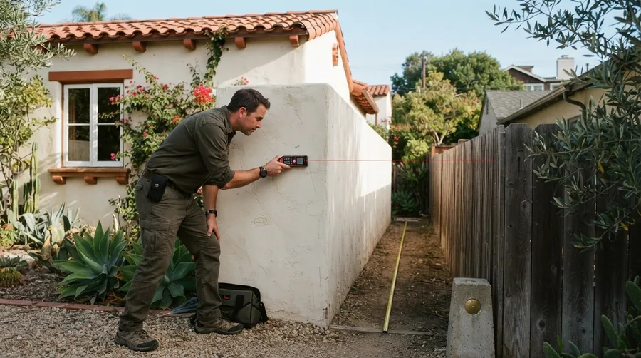 Surveyor measuring from a stucco wall across a narrow side yard with a laser distance meter, a tape laid along the setback toward a brass-capped property monument at the fence line