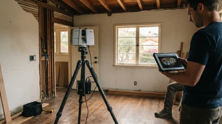 Terrestrial laser scanner on a tripod capturing a gutted room mid-renovation, while a surveyor reviews the resulting point cloud of the space on a field tablet