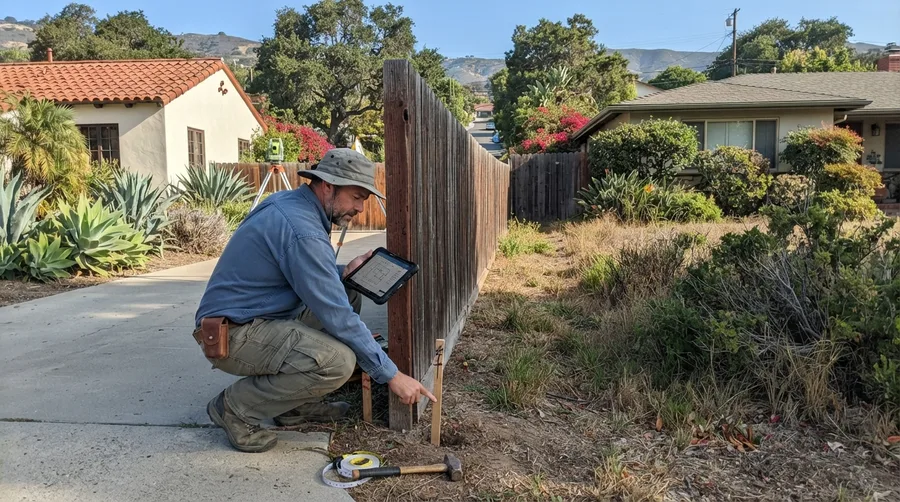 Surveyor checking a plat on a field tablet against a stake set at a shared fence line between two neighbouring properties, with a total station on its tripod behind him