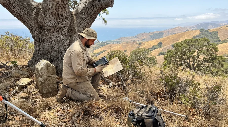 Surveyor kneeling beside a carved stone rancho boundary marker under a coast live oak, comparing a historic map against a field tablet above the Santa Barbara coastline
