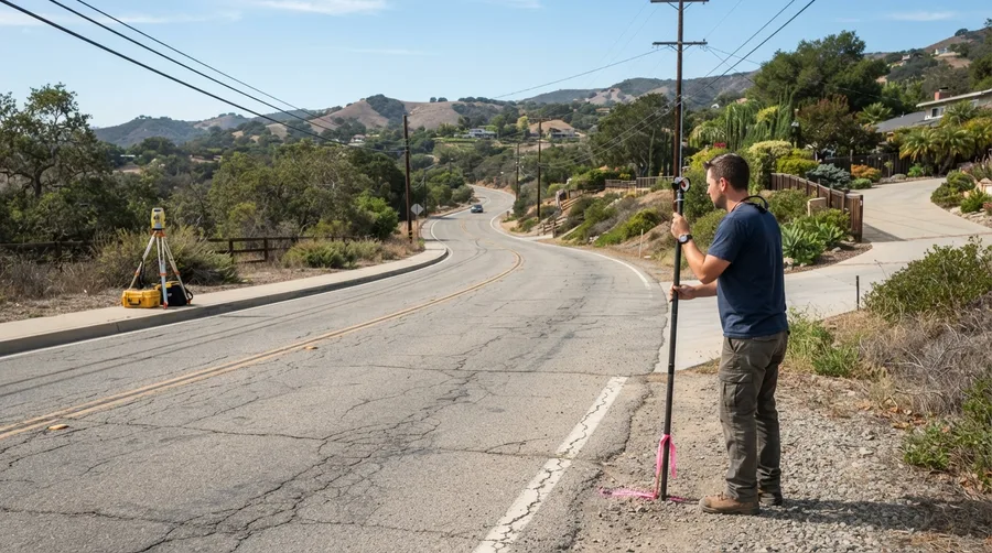 Surveyor holding a range pole on a flagged point at the shoulder of a winding hillside road, with the total station set up across the road to measure the alignment