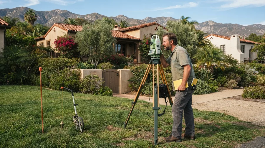 Surveyor sighting through a total station across a residential front yard, with a measuring wheel and range pole set out to locate the house, walls and landscaping for a plot plan