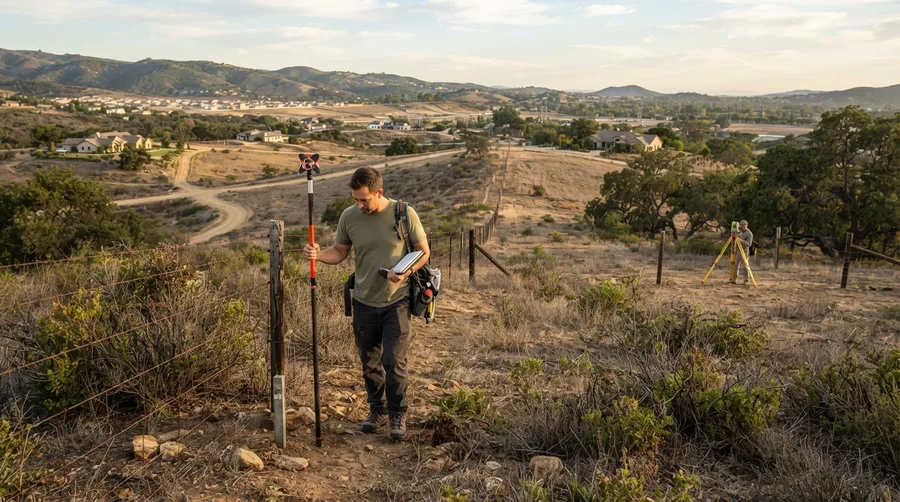 Surveyor holding a prism pole at a fence-corner monument on a hillside parcel, with a crew member at the total station behind him and a developed housing tract in the valley below