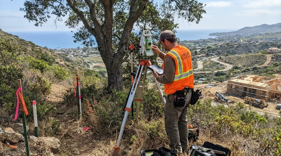 Surveyor setting a total station on a hillside above the coast, collecting ground shots across a sloping lot with a framed house under construction below