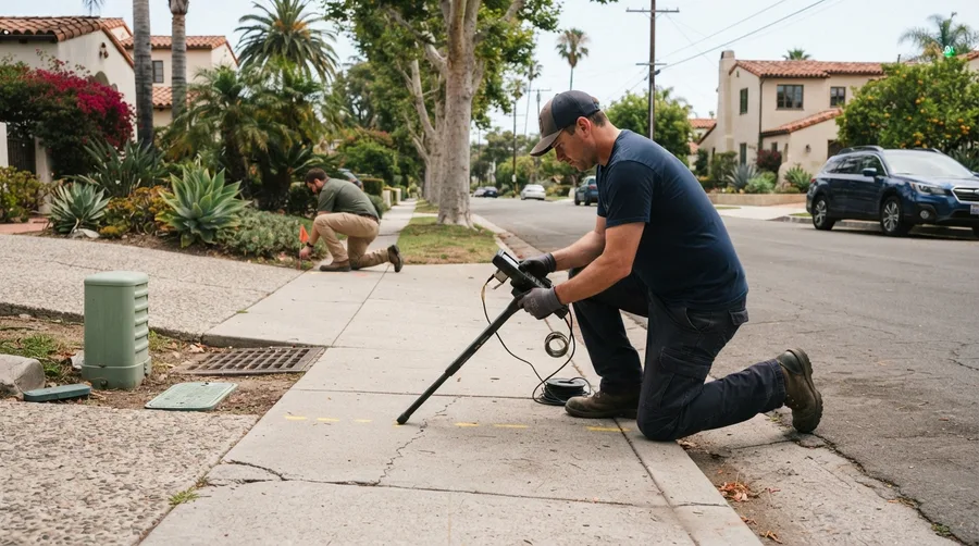 Surveyor kneeling at a residential curb with an electromagnetic utility locator, tracing a buried line marked in paint along the sidewalk while a second crew member sets a flag behind him